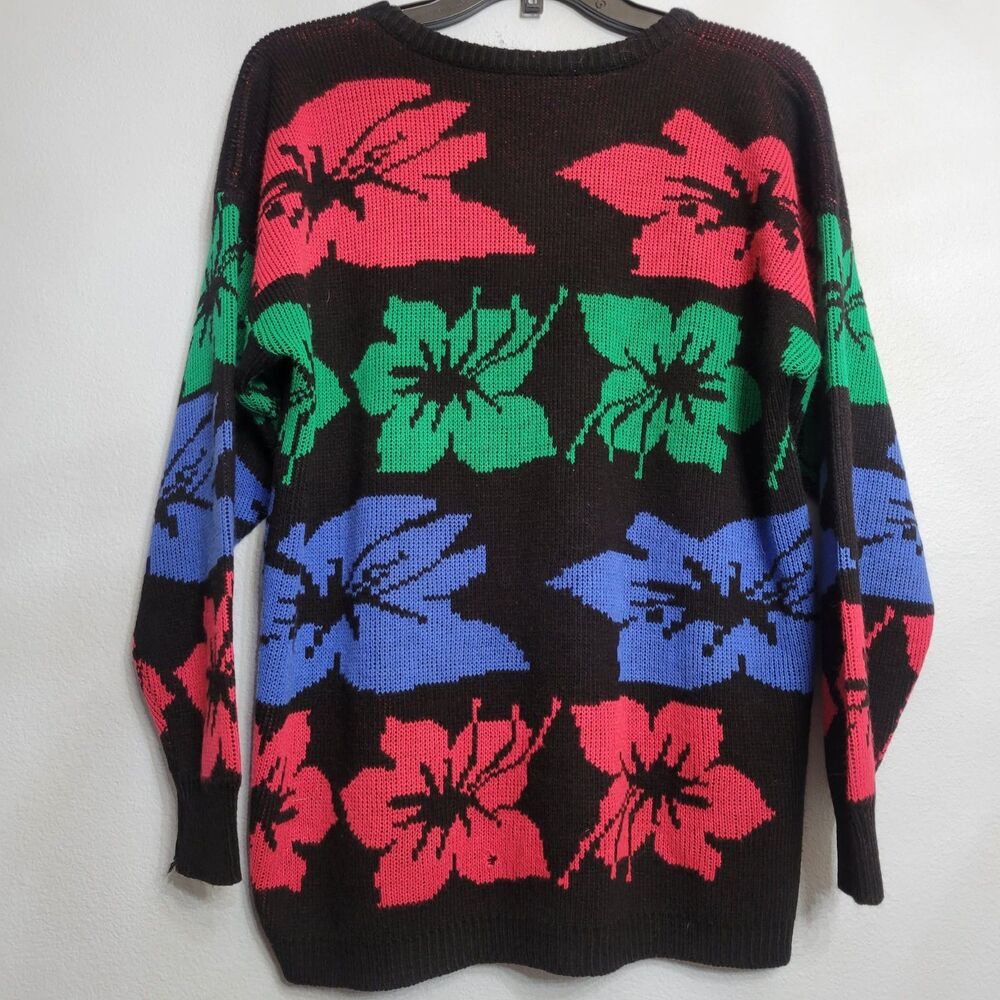 VTG 80s Knit Sweater Women's LG Retro Pop Art Flower Grandma Chic Kitsch Bold